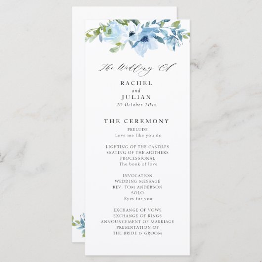 Elegant lichtblauw bloemenbruiloft programma (Voorkant / Achterkant)