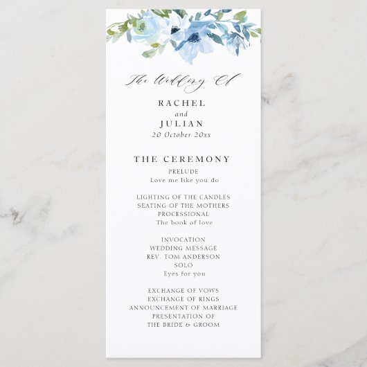 Elegant lichtblauw bloemenbruiloft programma (Voorkant)