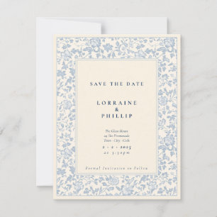 Elegant lichtblauw en crème bloemmotief vintage op save the date