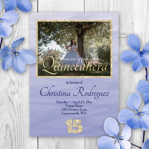 Elegant Lichtblauw, Gouden Glitter 15 Quinceanera Folie Uitnodiging