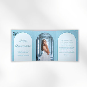 Elegant lichtblauw Quinceañera - Aangepaste foto Drieluik Uitnodiging