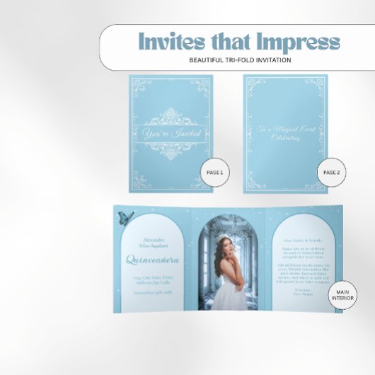 Elegant lichtblauw Quinceañera - Fotoprogramma Drieluik Uitnodiging