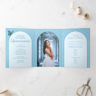 Elegant lichtblauw Quinceañera - Fotoprogramma Drieluik Uitnodiging