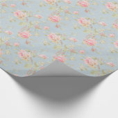 elegant, lichtblauw, roze, rozen patroon cadeaupapier (Hoek)