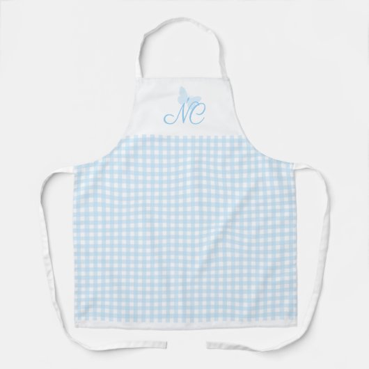 Elegant lichtblauw vlindermonogram Gingham Schort (Voorkant)
