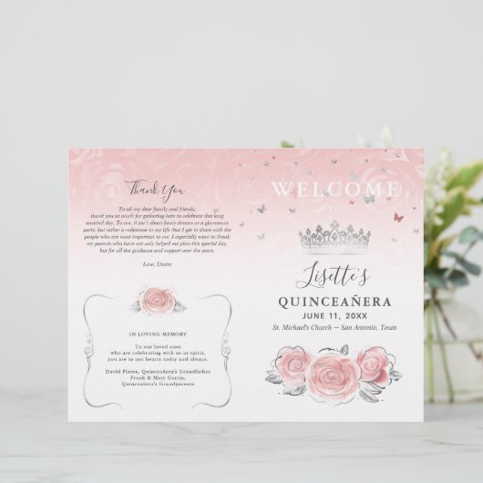 Elegant Lichtroze en Zilveren Quinceanera Programm (Staand voorkant)