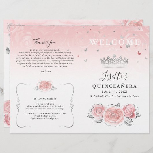Elegant Lichtroze en Zilveren Quinceanera Programm (Voorkant / Achterkant)