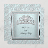 Elegant Light Blue Damask Silver Tiara Birthday Kaart (Voorkant / Achterkant)