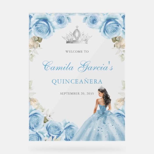 Elegant Light Blue Floral Quinceañera Welcome (Recto)