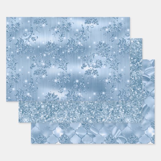 Elegant Light Blue Glitter Glam Patterns Inpakpapier Vel (Set)