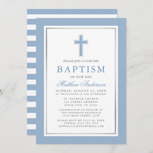 Elegant Light Blue Silver Baptisme Striped Kaart (Voorkant / Achterkant)
