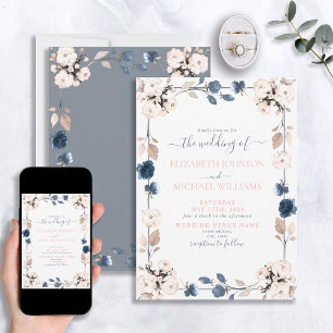 Elegant Light Dusty Blue Blush Pink Floral Wedding Kaart