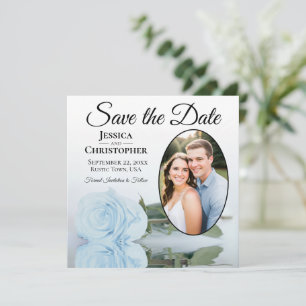 Elegant Light Dusty Blue Roos & Oval Photo Weddens Save The Date