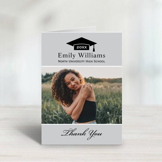 Elegant Light Gray Personalized Afstuderen Foto Bedankkaart