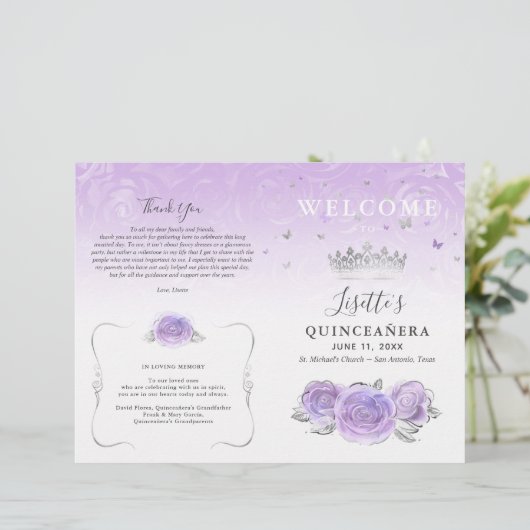 Elegant Light Purple Silver Quinceanera Program (Staand voorkant)