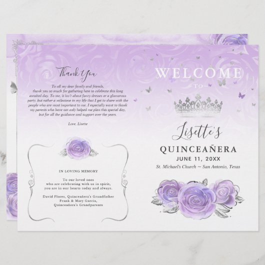 Elegant Light Purple Silver Quinceanera Program (Voorkant / Achterkant)