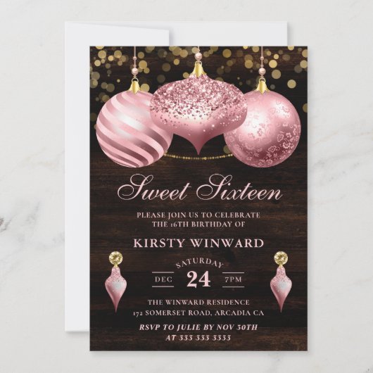 Elegant Light Roze Kerstmis Sweet 16 Kaart (Voorkant)