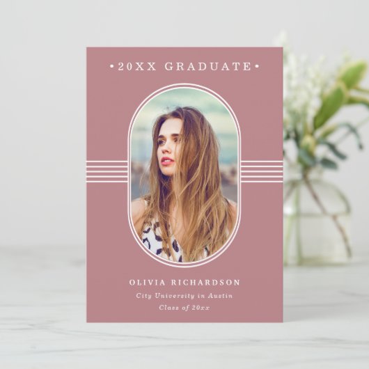 Elegant Lijst | Dusty Roos Photo Afstuderen Aankondiging (Staand voorkant)