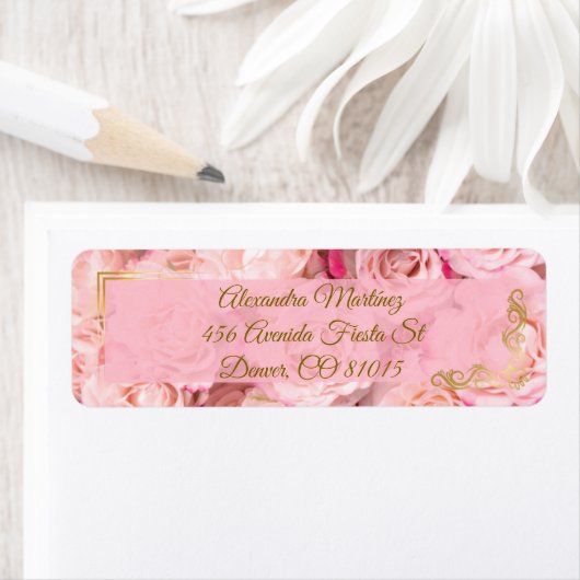 Elegant Lijst Goud Roze Roze Bloemen Quinceañera Etiket (Insitu)