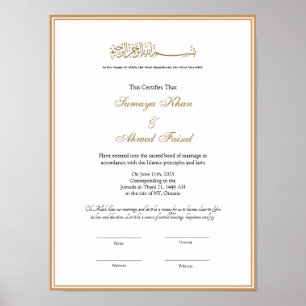 Elegant lijst Muslim nikkah certificate poster
