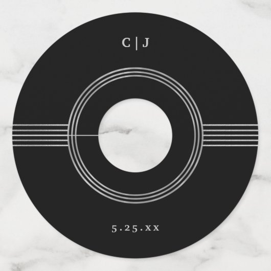 Elegant Lijst | Zilver en zwart Monogram bruiloft Wijnglaslabel (Voorkant)