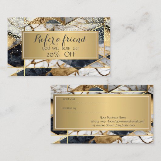 Elegant Lijst Zwart Geometrisch Marmer Aanbevelingskaartje (Voorkant / Achterkant)