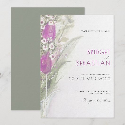 Elegant Lila floral & sage Wedding Invitation Kaart (Voorkant / Achterkant)
