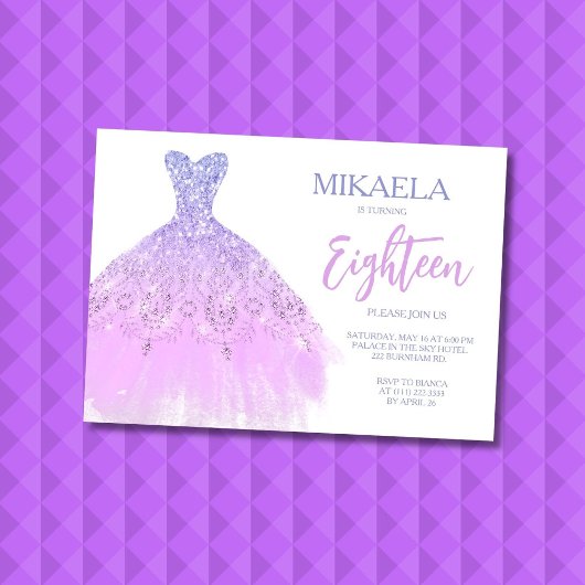 Elegant Lila Gown Glitter 18th Birthday Invitation