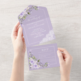 Elegant Lila Lavender Rustic Lace Wedding All In One Uitnodiging