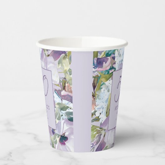 Elegant Lila Paars Floral Greenery 50th Birthday Papieren Bekers (Links)