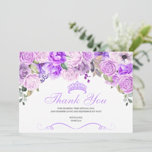 Elegant Lila Paars Floral Quinceanera Hartelijk da Bedankkaart (Staand voorkant)