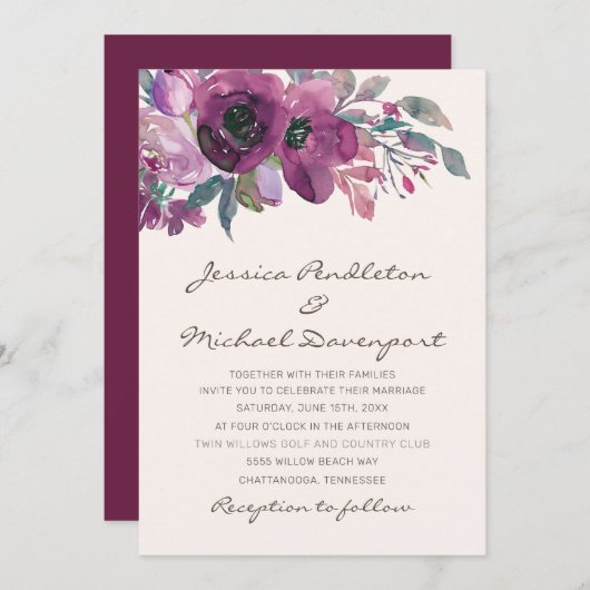 Elegant Lila Paars Plum Floral Script Weduwschap Kaart (Voorkant / Achterkant)