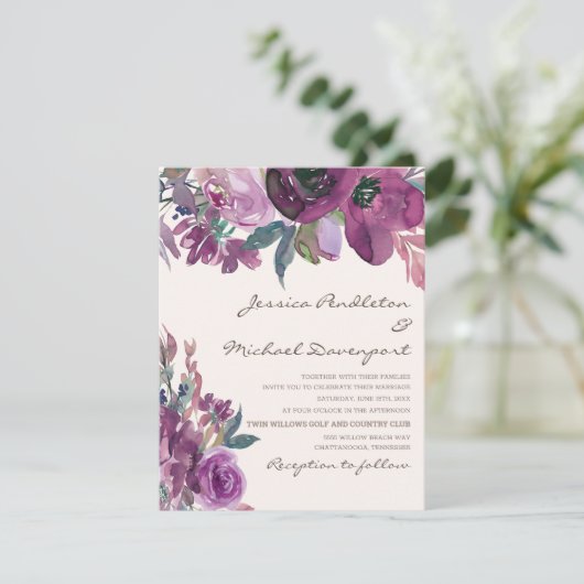 Elegant Lila Paars Plum Floral Script Weduwschap Kaart (Staand voorkant)