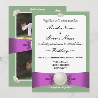 Elegant Lila & Sage Pearl Lint Foto Bruiloft Kaart