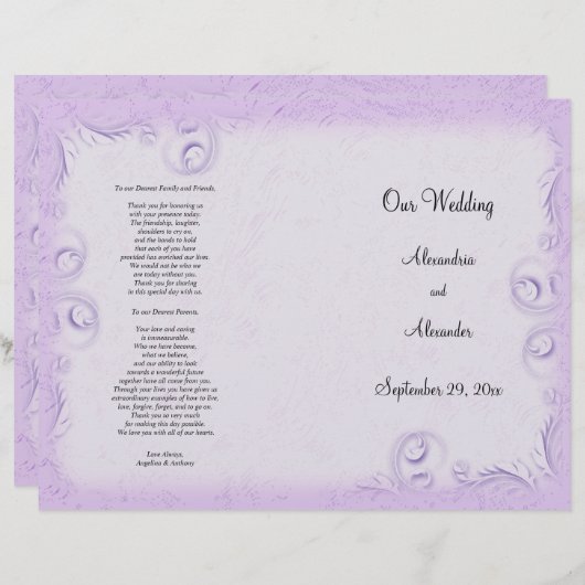 Elegant Lila Scrollwork Wedding Programme (Voorkant / Achterkant)