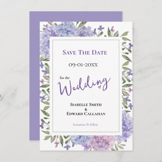 Elegant Lila & Stoffig Blauw Hydrangeas Bruiloft Save The Date (Voorkant / Achterkant)