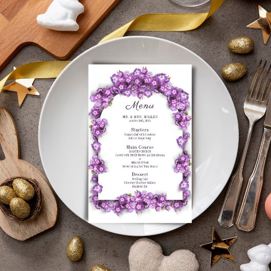 Elégant Lilac Blanc Arc Floral Mariage Menu