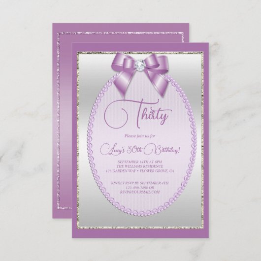 Elégant Lilac Jewel Bow Invitation Anniversaire (Devant / Derrière)