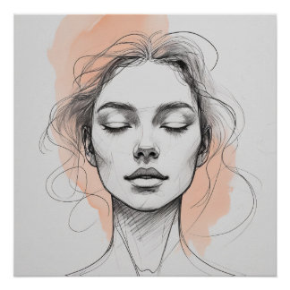 Elegant Line Art Female Portrait Poster – Soft Pea