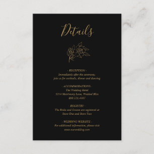 Elegant Line Art Floral Black en Gold Wedding Informatiekaartje