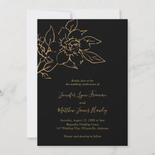 Elegant Line Art Floral Black Gold Wedding Kaart