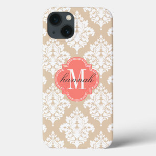 Elegant Linen Beige Damask gepersonaliseerd iPhone 13 Hoesje