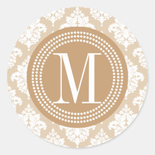 Elegant Linen Beige Damask gepersonaliseerd Ronde Sticker