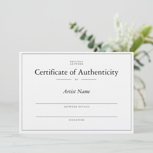 Elegant, linnen Certificate of Authenticity for ar Bedankkaart (Staand voorkant)