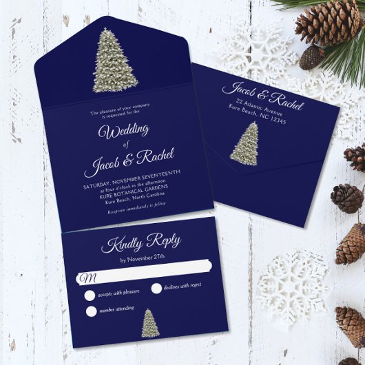 Elegant Lit kerstboom, Midnight Blue Weddenschap All In One Uitnodiging