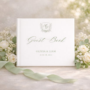 Élégant Livre d'Or de Mariage Crête Botanique Vert