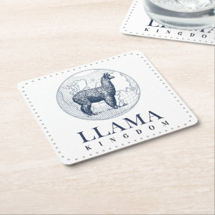 Elegant Llama met Wereldbol en Llama Kingdom Tekst Vierkante Kartonnen Onderzetter