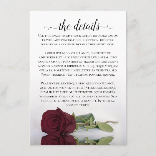 Elegant Long-Stemmed Burgundy Roos Wedding Details Informatiekaartje (Voorkant)