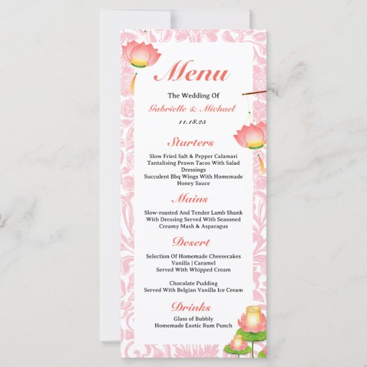 Élégant Lotus Lanterns Rose Menu Indien Mariage (Devant)