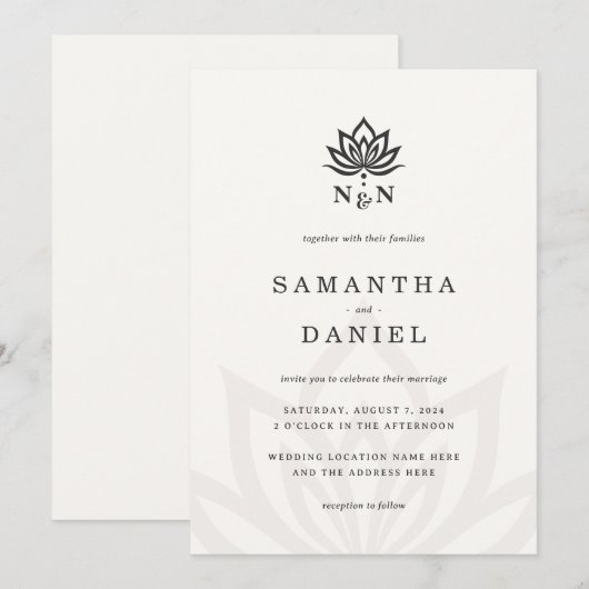 Elegant lotusbloem monogram licht neutraal ivoor kaart (Voorkant / Achterkant)